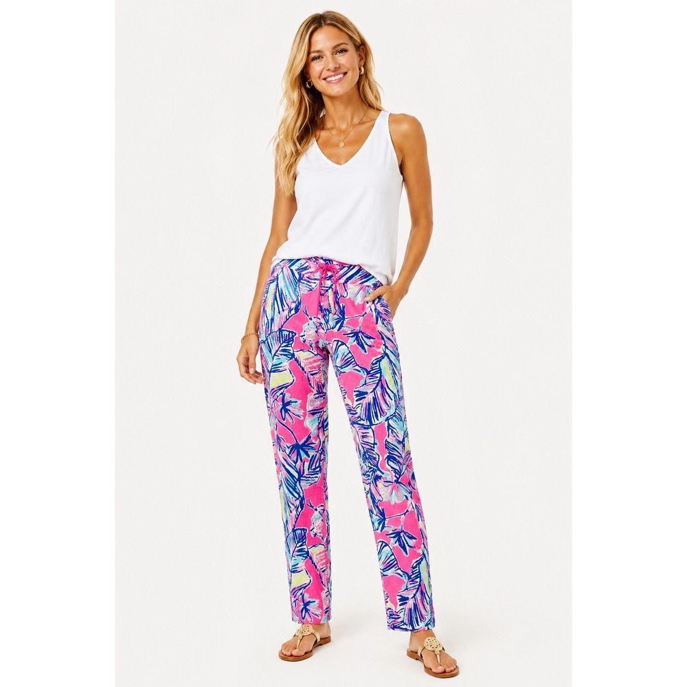 Lilly Pulitzer Size 2 100% Linen Crop Pants Pink Blue Palm Print Resort